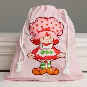 VTG 80s Strawberry Shortcake Pink Drawstring Bag 3D Puff Applique Retro KidCore